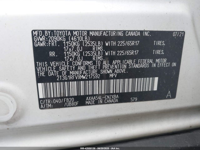 2T3G1RFVXMW217592 Toyota a25a-fks