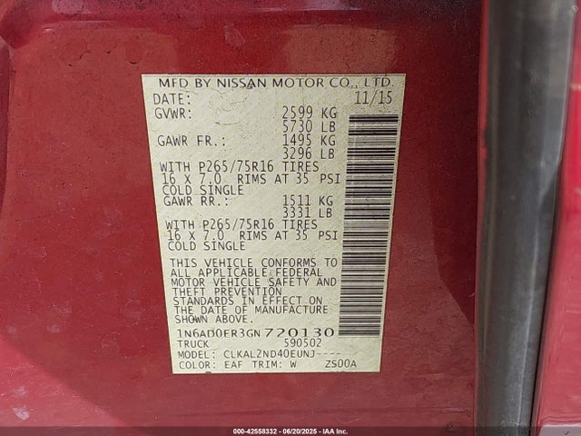 1N6AD0ER3GN720130 Nissan 2016
