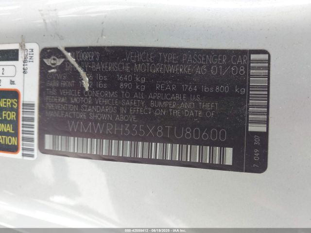 2008 MINI COOPER S WMWRH335X8TU80600 Photo 8