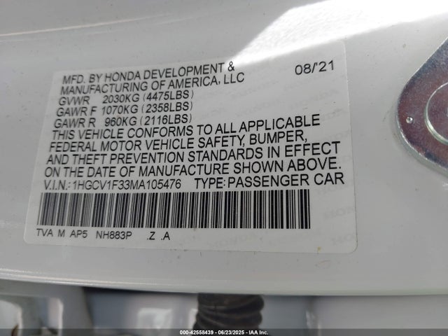 1HGCV1F33MA105476 Honda l15be