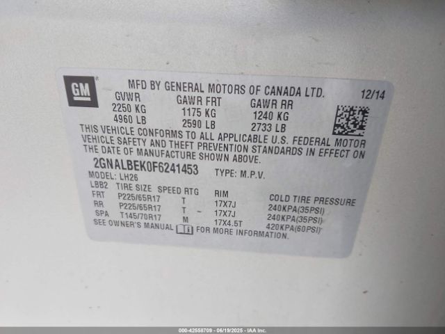 2GNALBEK0F6241453 Chevrolet lea - flex fuel (gas/alc), aluminum, ho,