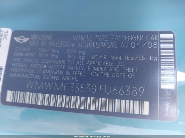 2008 MINI COOPER WMWMF33538TU66389 Photo 8