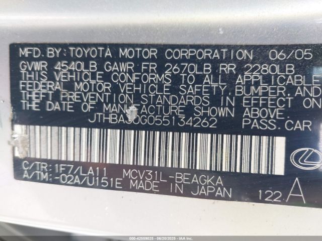 2005 LEXUS ES 330 JTHBA30G055134262 Photo 8