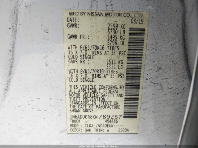 1N6AD0ER8KN789257 Nissan 2019