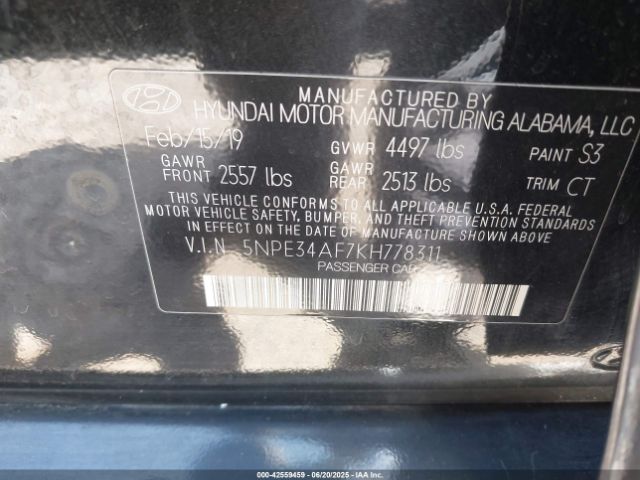 2019 HYUNDAI SONATA 5NPE34AF7KH778311 Photo 8