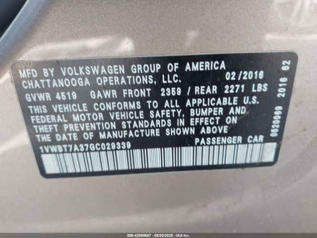 1VWBT7A37GC029339 Volkswagen Passat