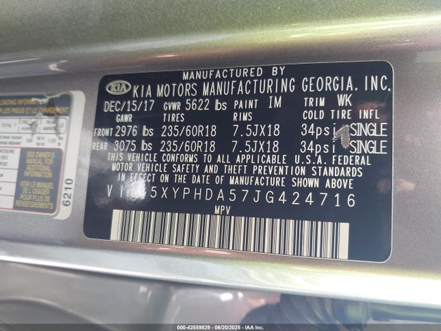 5XYPHDA57JG424716 KIA Sorento 3.3l Ex