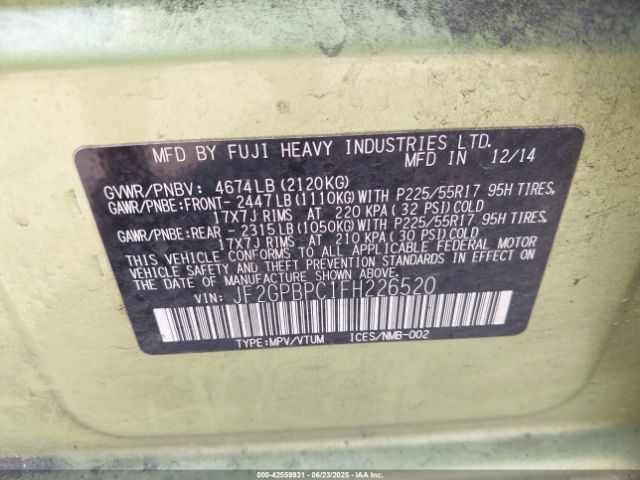 JF2GPBPC1FH226520 Subaru 2.0l naturally aapirated hev