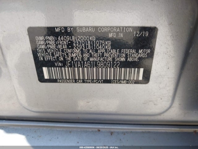 Продаж на аукціоні авто 2020 Subaru Wrx, vin: JF1VA1A61L9809122, номер лоту: 42560006