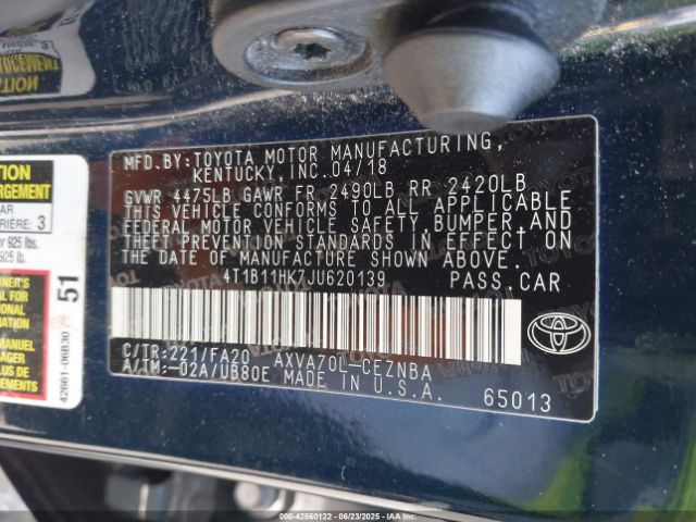 2018 TOYOTA CAMRY 4T1B11HK7JU620139 Photo 8