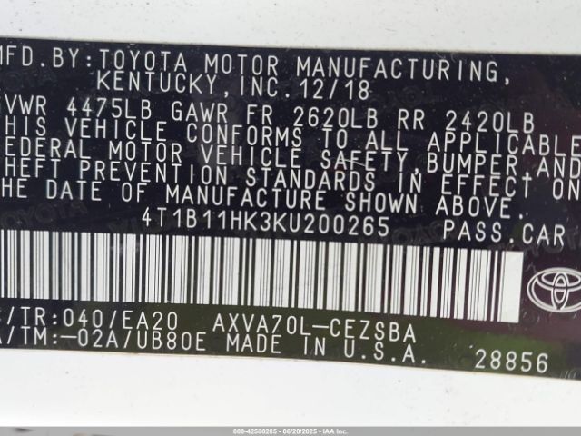 2019 TOYOTA CAMRY 4T1B11HK3KU200265 Photo 8