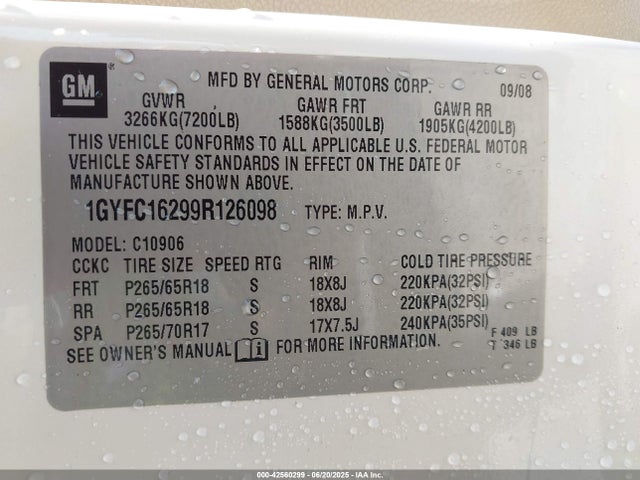 2009 Cadillac Escalade Esv Standard მანქანა იყიდება აუქციონზე, vin: 1GYFC16299R126098, აუქციონის ნომერი: 42560299