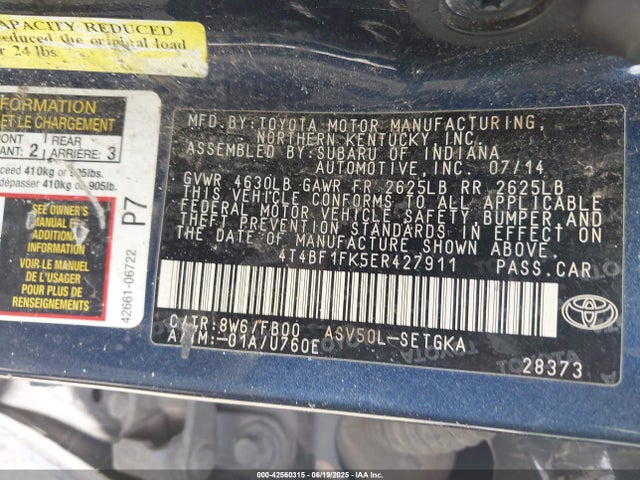 4T4BF1FK5ER427911 Toyota 2ar-fe