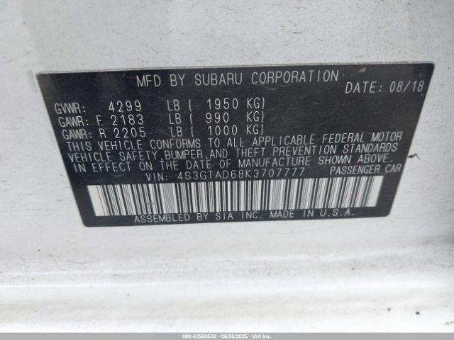 4S3GTAD68K3707777 Subaru 2019