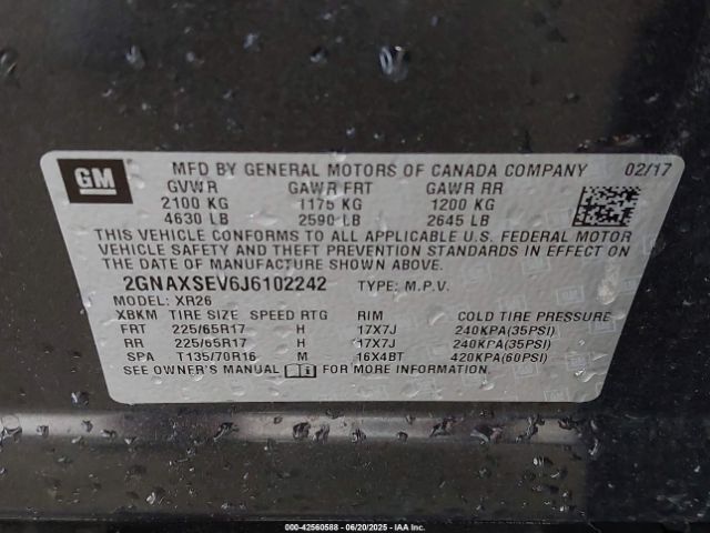 2GNAXSEV6J6102242 Chevrolet lyx - direct injection, vvt, fgt, turbo, alum, gen1