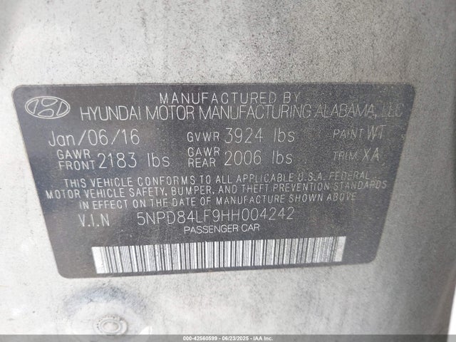 5NPD84LF9HH004242 Hyundai 2017