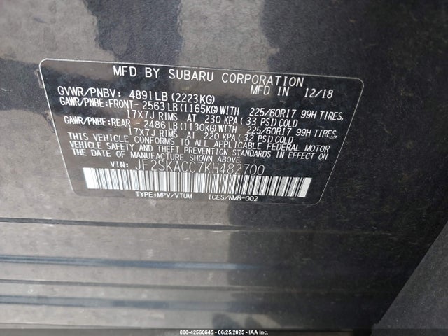 JF2SKACC7KH482700 Subaru naturally aspirated u5