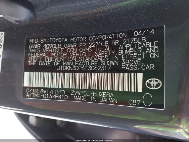 JTDKN3DP6E3062317 Toyota 2zr-fxe+3jm