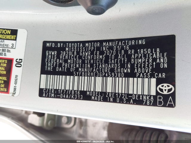 5YFBURHE3GP459380 Toyota 2zr-fe