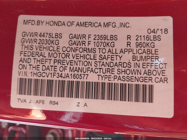 1HGCV1F34JA160577 Honda l15be
