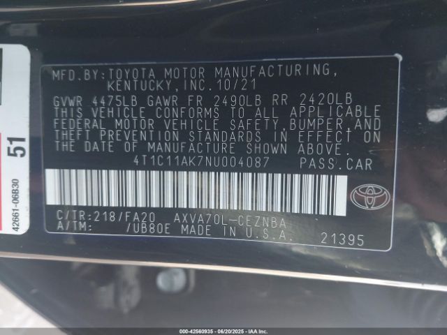 2022 TOYOTA CAMRY 4T1C11AK7NU004087 Photo 8