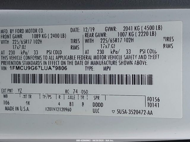 2020 FORD ESCAPE 1FMCU9G67LUA79806 Photo 8