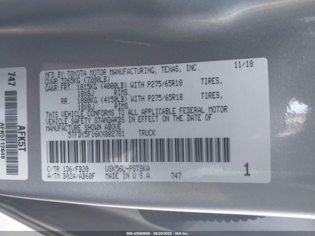 2019 TOYOTA TUNDRA 5TFDY5F16KX802781 Photo 8