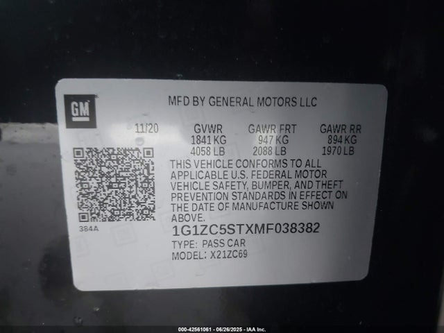 1G1ZC5STXMF038382 Chevrolet lfv - direct injection, variable valve timing, gen 1 gmna