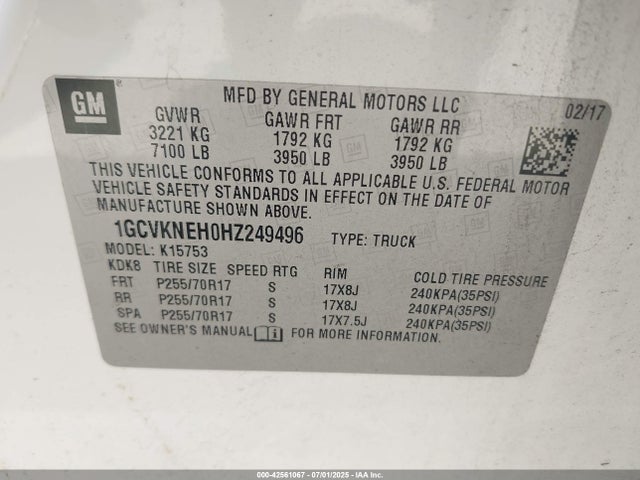 1GCVKNEH0HZ249496 Chevrolet lv3 - gen 5, sidi, vvt: variable valve timing, e85 max, alum