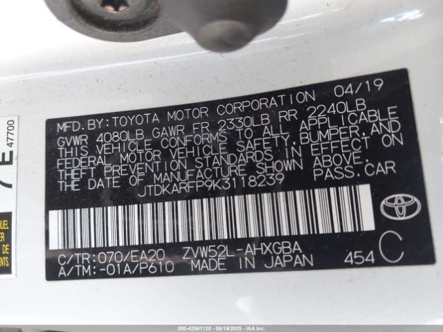 JTDKARFP9K3118239 Toyota 2zr-fxe+1nm