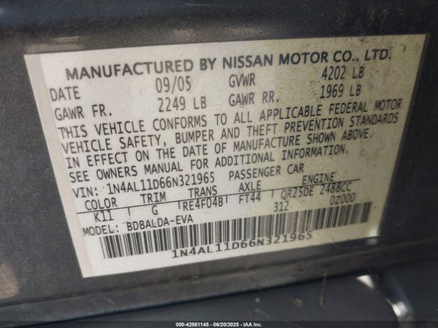 2006 NISSAN ALTIMA 1N4AL11D66N321965 Photo 8