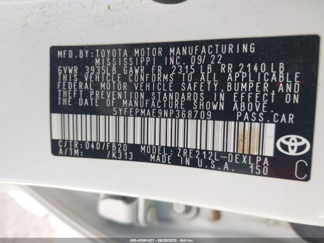 5YFEPMAE9NP368709 Toyota 2zr-fae