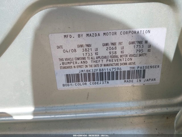 2008 Mazda Mazda3 I Touring Value მანქანა იყიდება აუქციონზე, vin: JM1BK32F881147596, აუქციონის ნომერი: 42561434