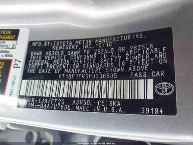 4T1BF1FK5HU336605 Toyota 2ar-fe