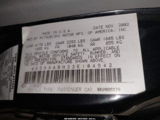2003 MITSUBISHI GALANT 4A3AA46H33E104542 Photo 8