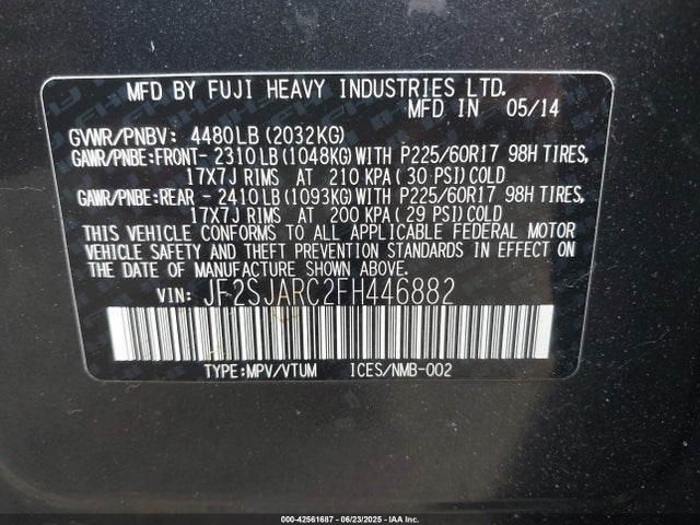 JF2SJARC2FH446882 Subaru 2.5na u5