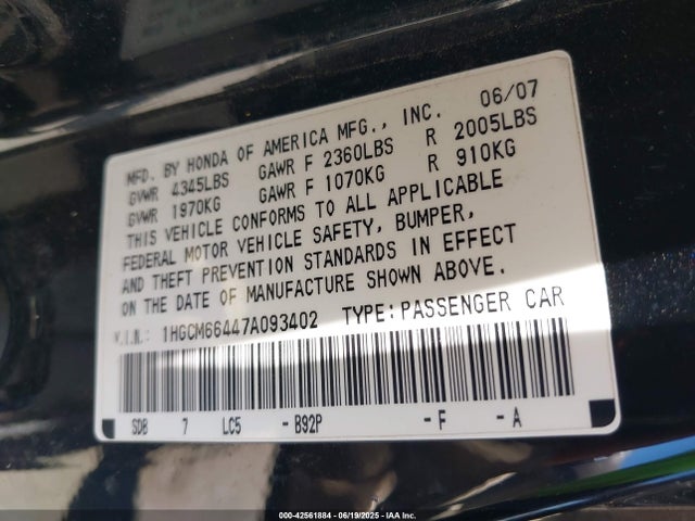 2007 HONDA ACCORD SDN 1HGCM66447A093402 Photo 8