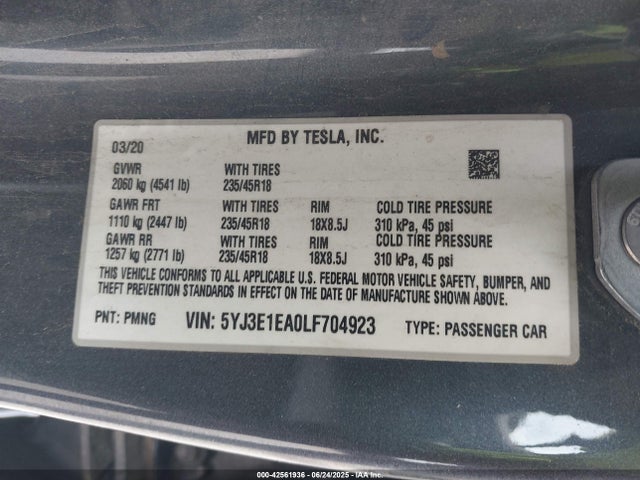 Tesla MODEL 3 2020 5YJ3E1EA0LF704923 Image 9