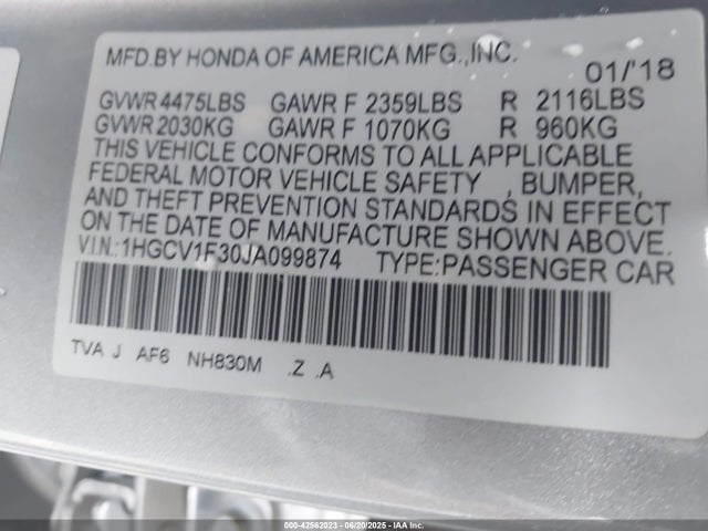 1HGCV1F30JA099874 Honda l15be