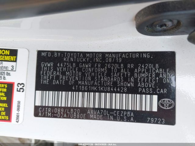 2019 TOYOTA CAMRY 4T1B61HK1KU844428 Photo 8
