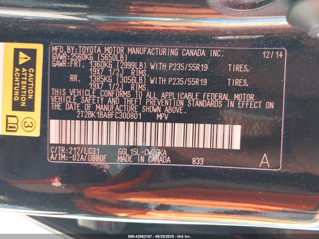 2T2BK1BA8FC300801 Lexus 2gr-fe