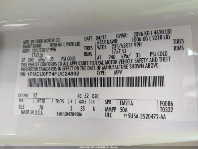 2015 FORD ESCAPE 1FMCU0F74FUC24892 Photo 8