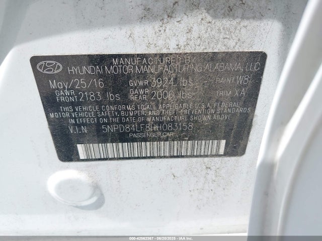 5NPD84LF8HH083158 Hyundai 2017