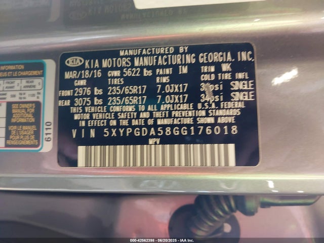 5XYPGDA58GG176018 KIA dohc gdi lambda ii