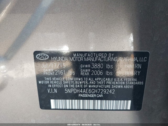 5NPDH4AE6GH729242 Hyundai dohc mpi nu