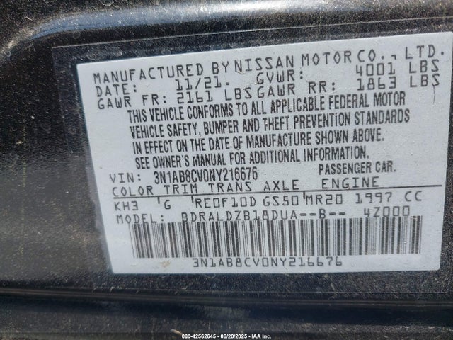 3N1AB8CV0NY216676 Nissan 2022