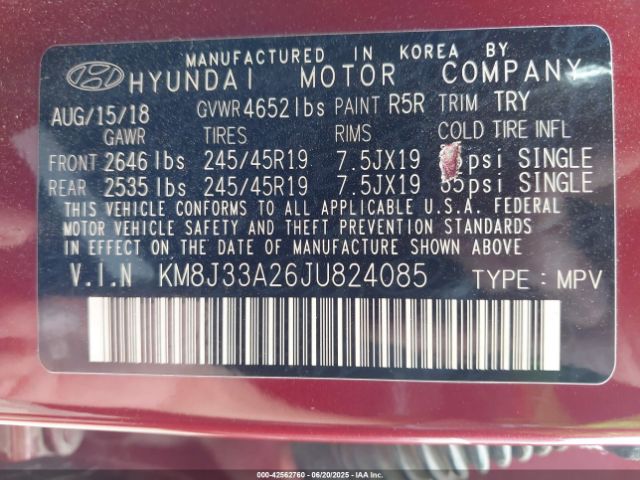 2018 HYUNDAI TUCSON KM8J33A26JU824085 Photo 8