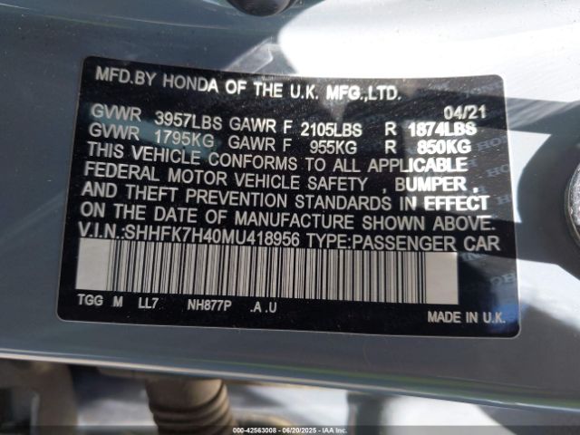 2021 HONDA CIVIC SHHFK7H40MU418956 Photo 8