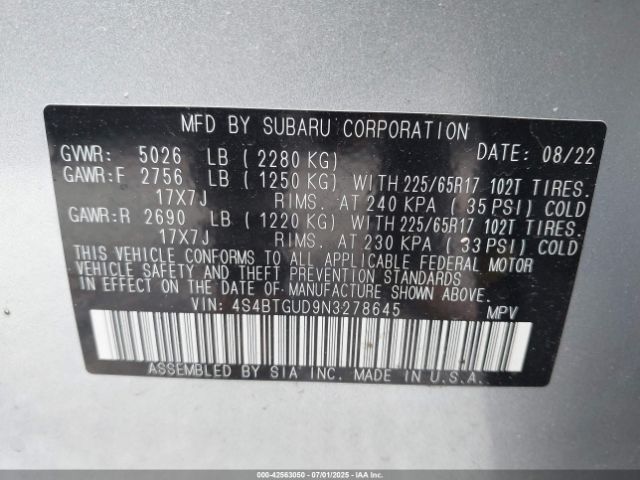 2022 SUBARU OUTBACK 4S4BTGUD9N3278645 Photo 8