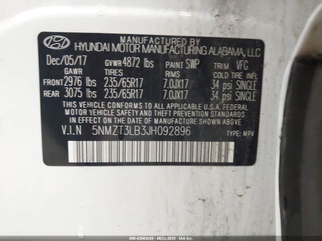 5NMZT3LB3JH092896 Hyundai gdi theta ii